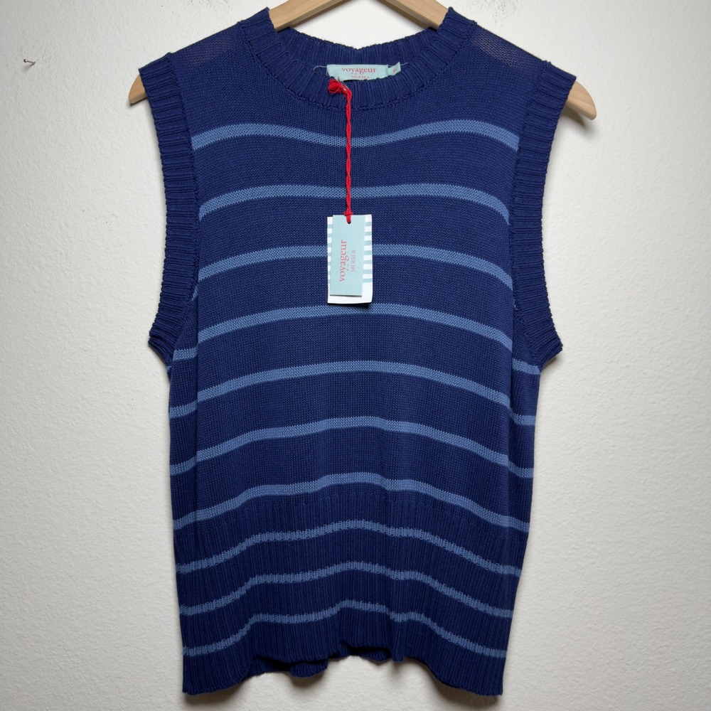 NEW Voyageur by Mersea Womens Breton Sweater Vest XL Navy Mist Stripe Sleeveless